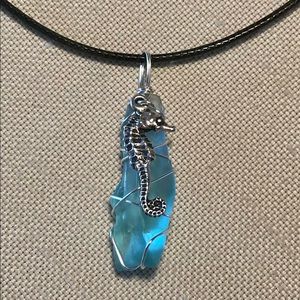 HAND CRAFTED Wire Wrapped Antique Glass Pendant Necklace Sea Horse Charm